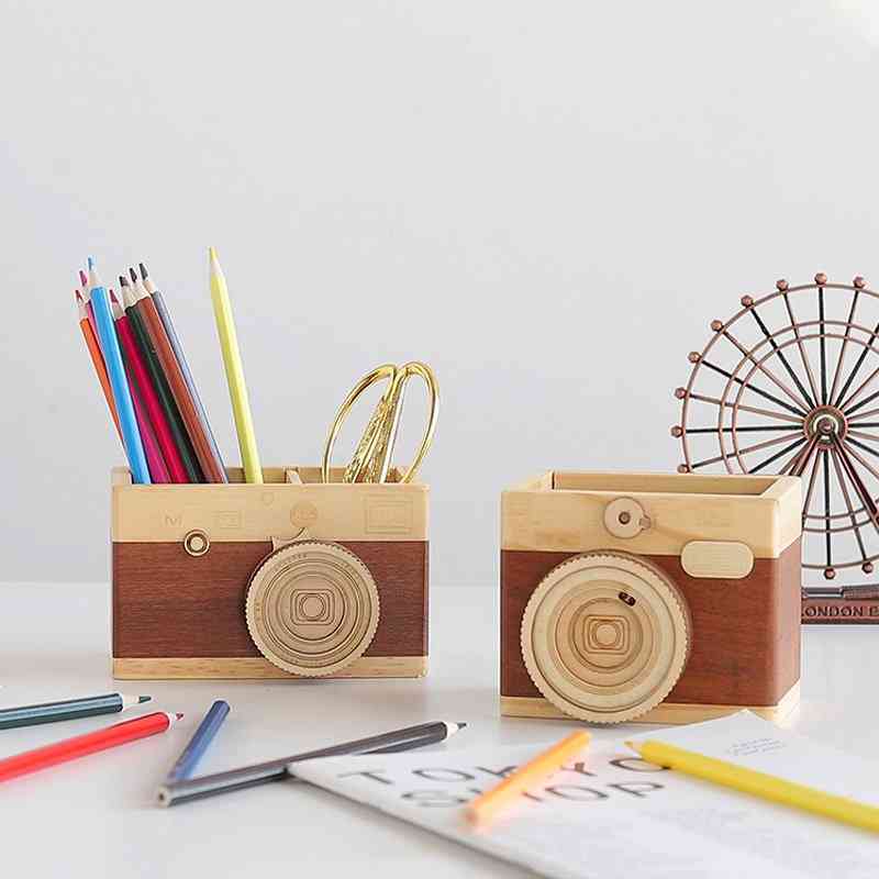 Wood Camera Design Pen Container
