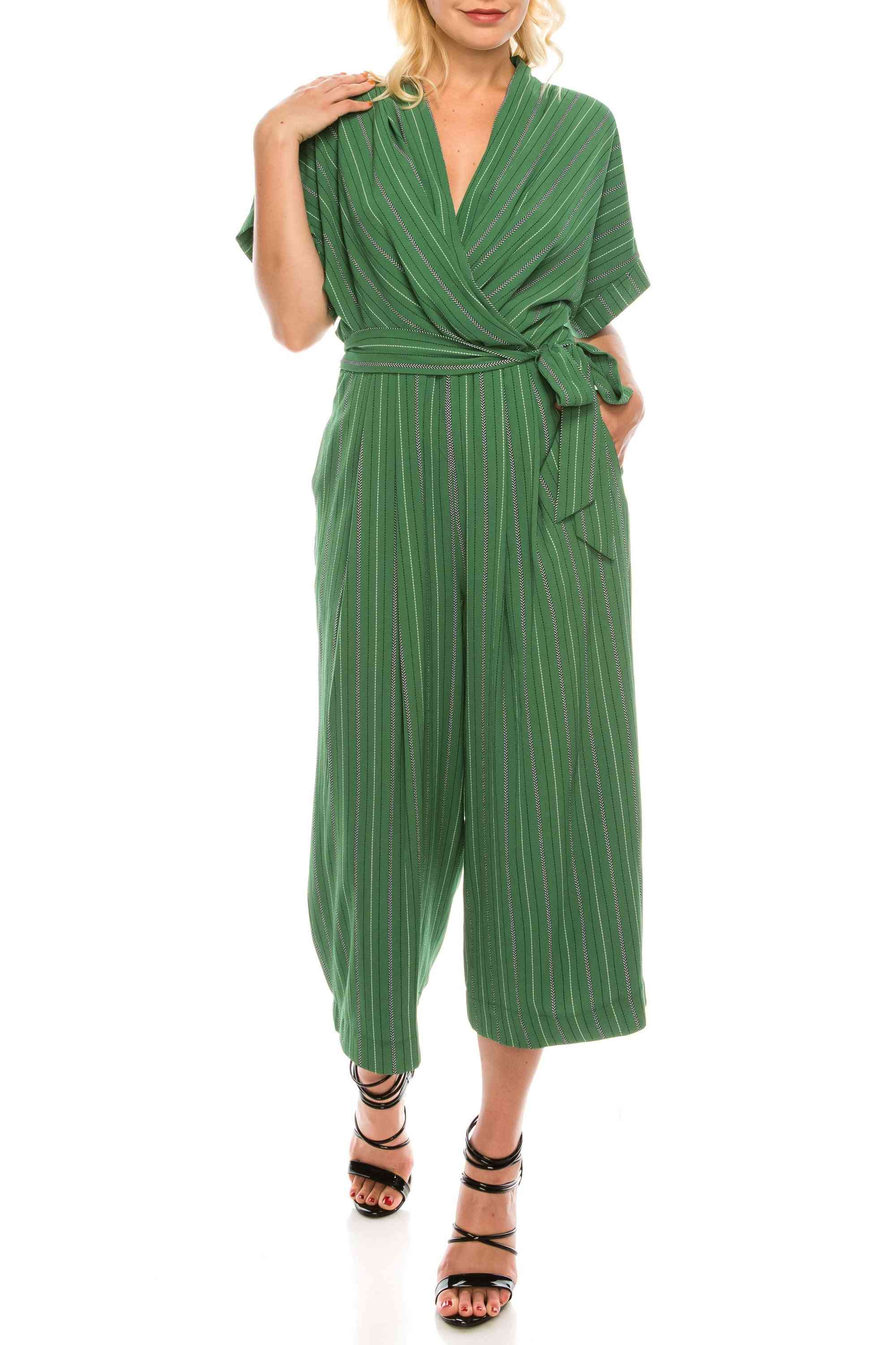 Maggy London Green Soft White Pinstriped Dolman Jumpsuit