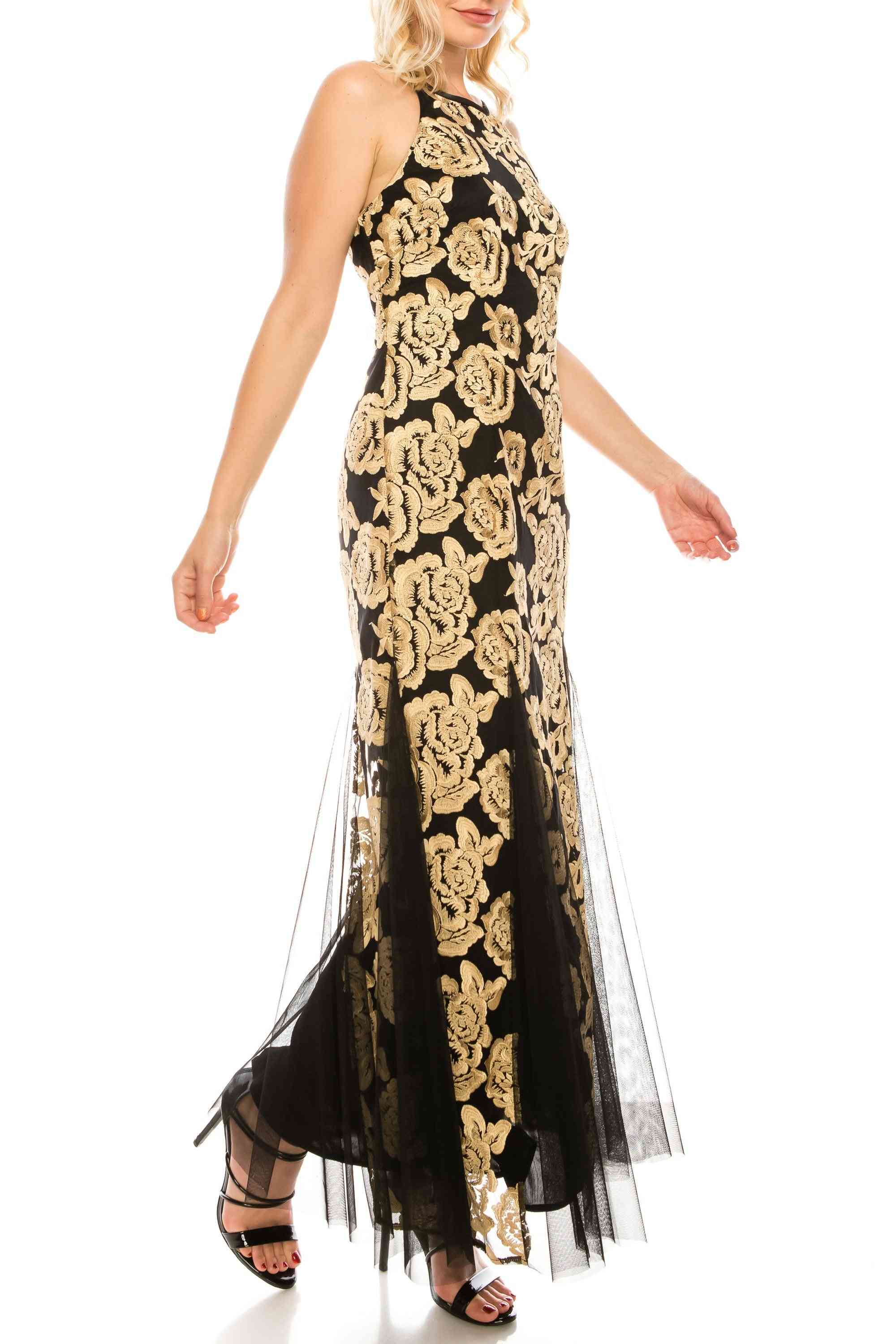Floral Embroidered Halter Evening Gown Dress