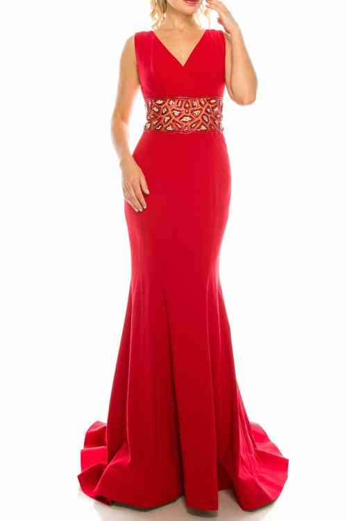Crepe Trumpet Gown With Decorated Mesh Waist