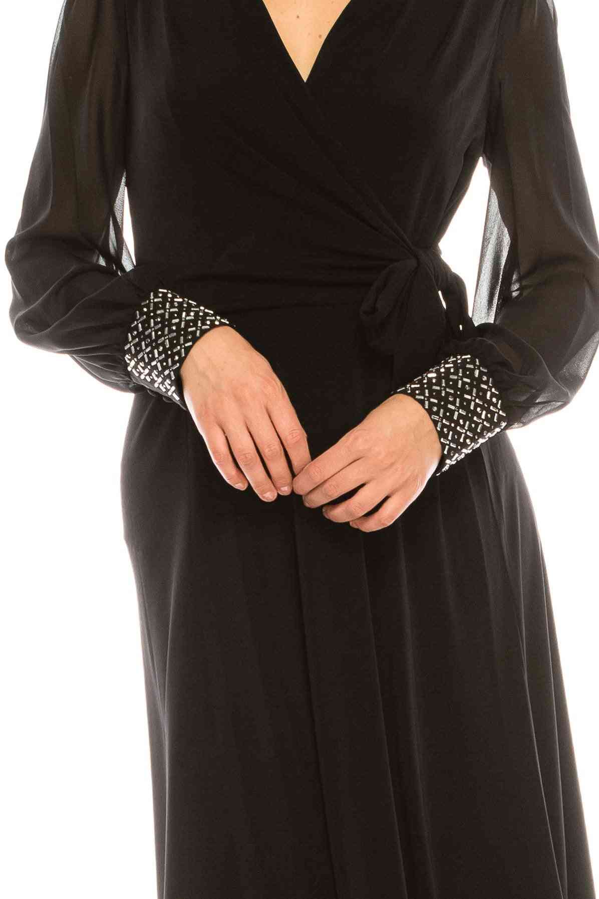 A-line, Faux Wrap Dress With Beaded Cuffs