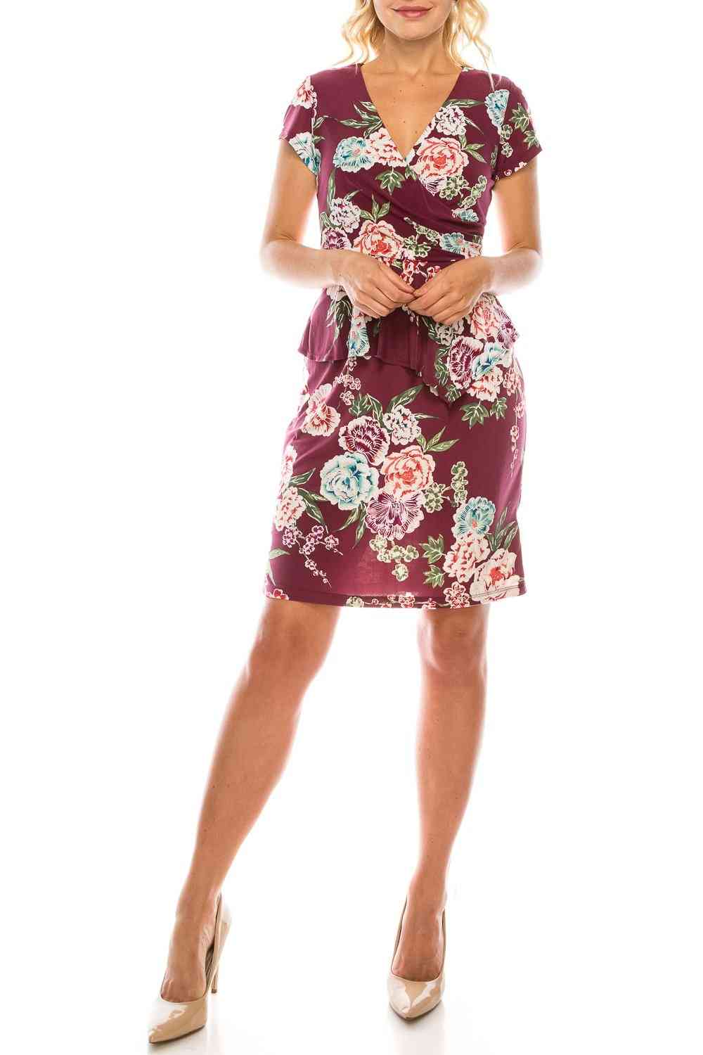 Női borvirágos nyomtatású, felesleges peplum ruha