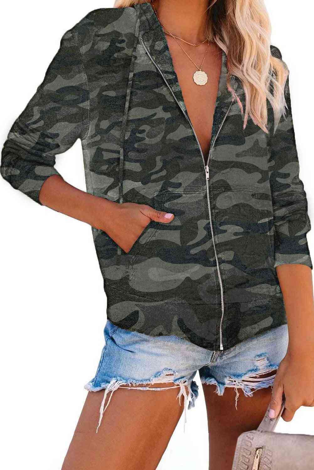 Camo Print, Zip Up Hooded Jacket