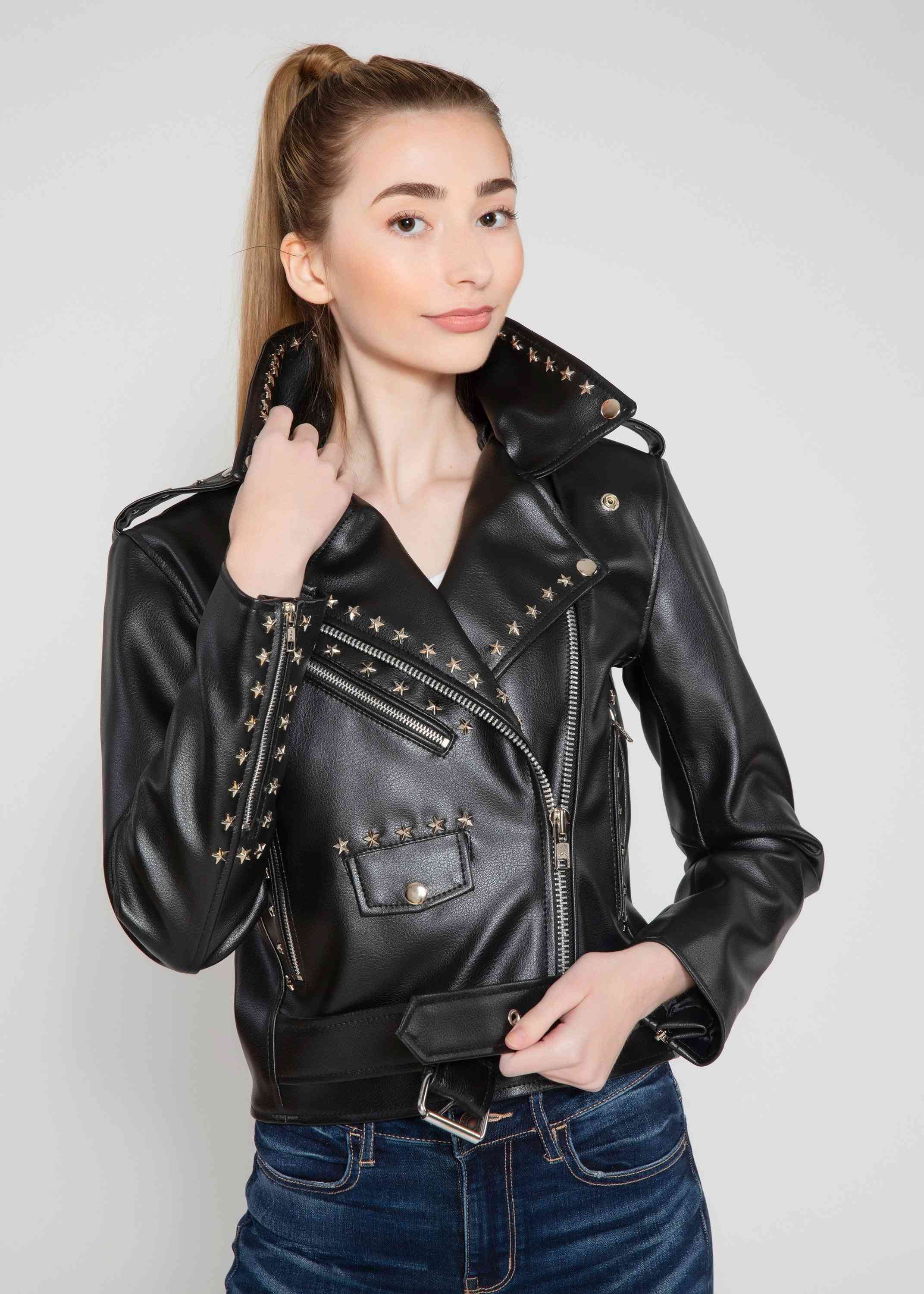 Women's Studded Moto Style Faux Leather Jacket