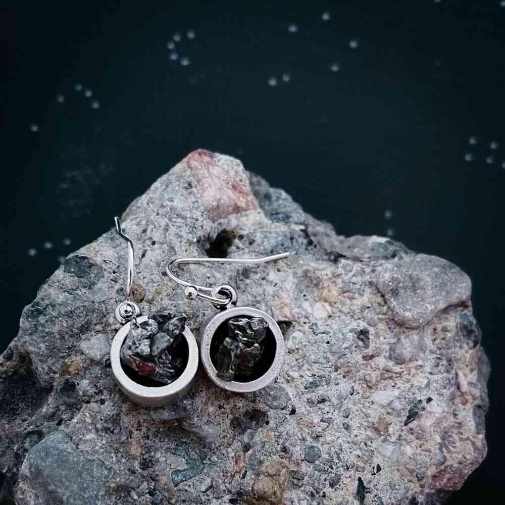 Small Round- Raw Meteorite, Dangle Stud Earrings