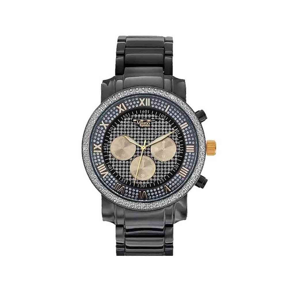 Black Metal Band-analog Watch With Iced Out Black/gold Dial