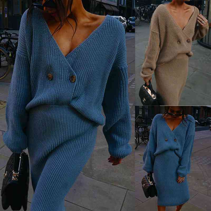 Knitted Long Sleeve Tops And Skirt-two-piece Set