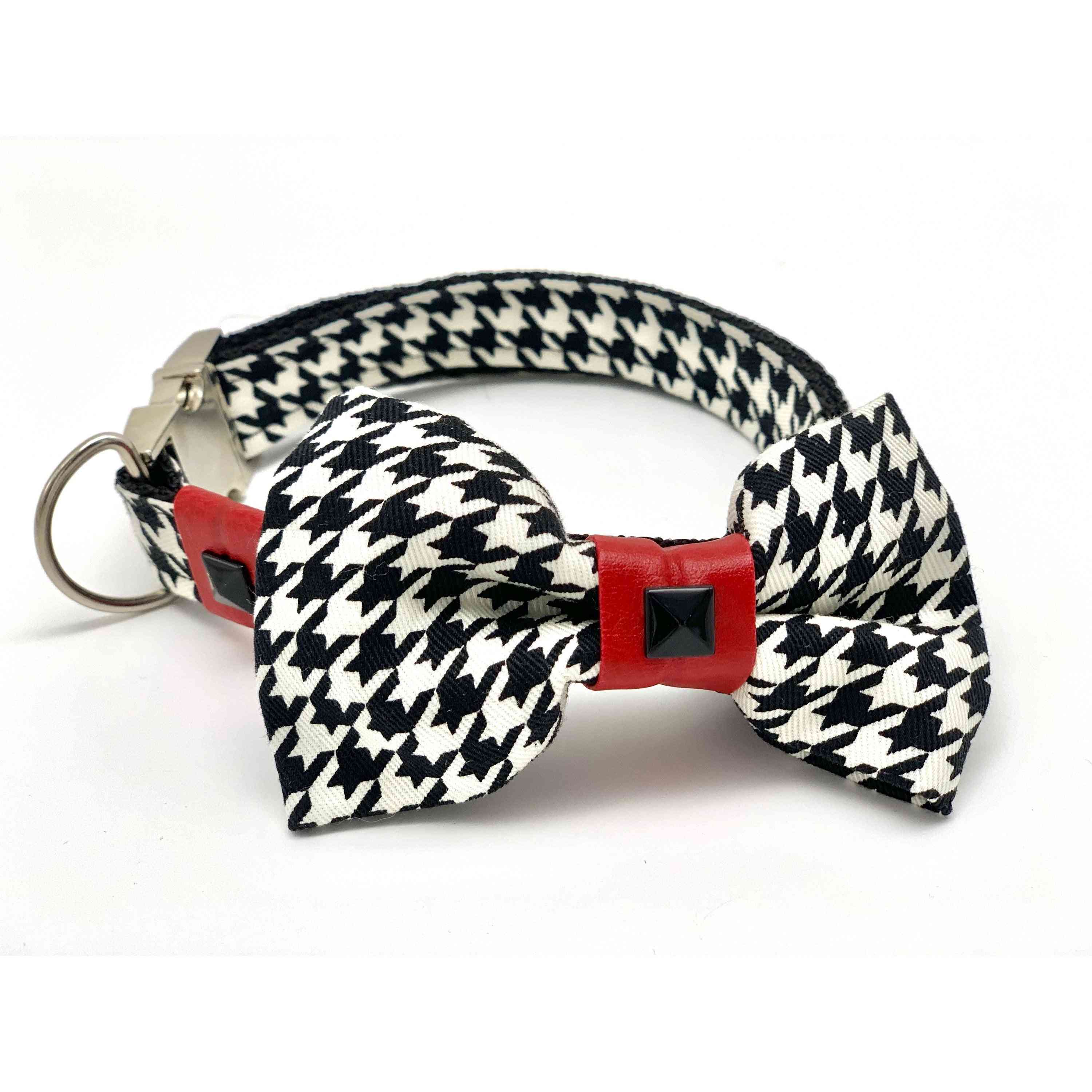 Red Leather Houndstooth Collar & Bow Tie