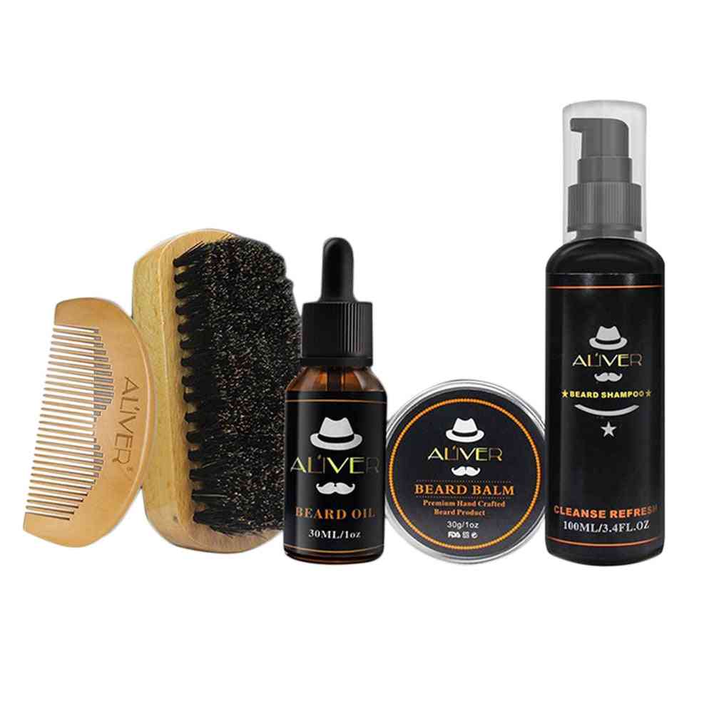 Men Beard Care Kit - Shampoo, Styling Oil, Wood Comb, Cream