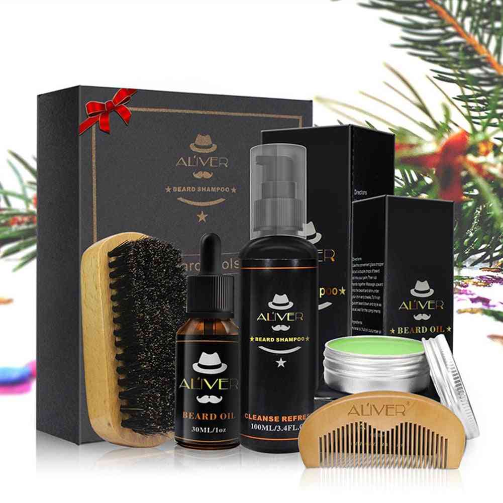 Men Beard Care Kit - Shampoo, Styling Oil, Wood Comb, Cream