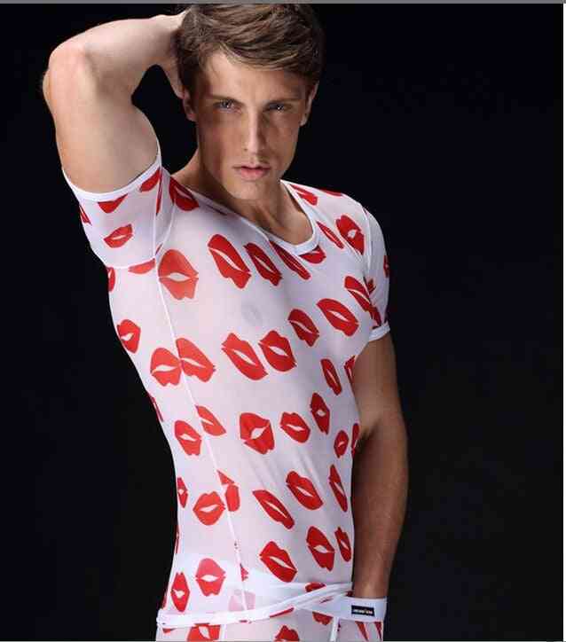 Men's Ultra-thin Transparent Red Lips Printing Tops