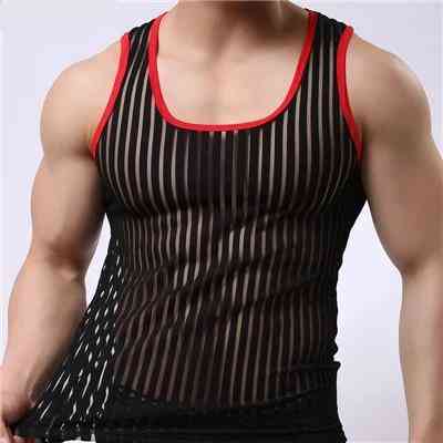 Mens Undershirts Sleeveless Gay Stripe, Transparent Tops Tees Vest