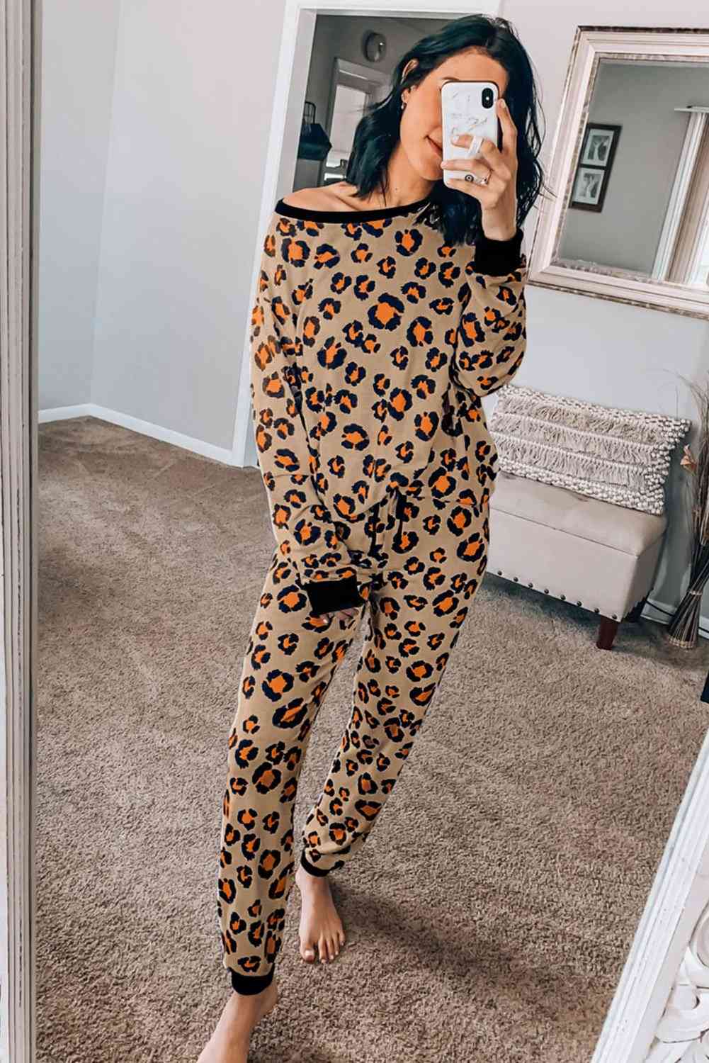 Brown Leopard Print, Long Sleeve Top, Pants - Loungewear Set
