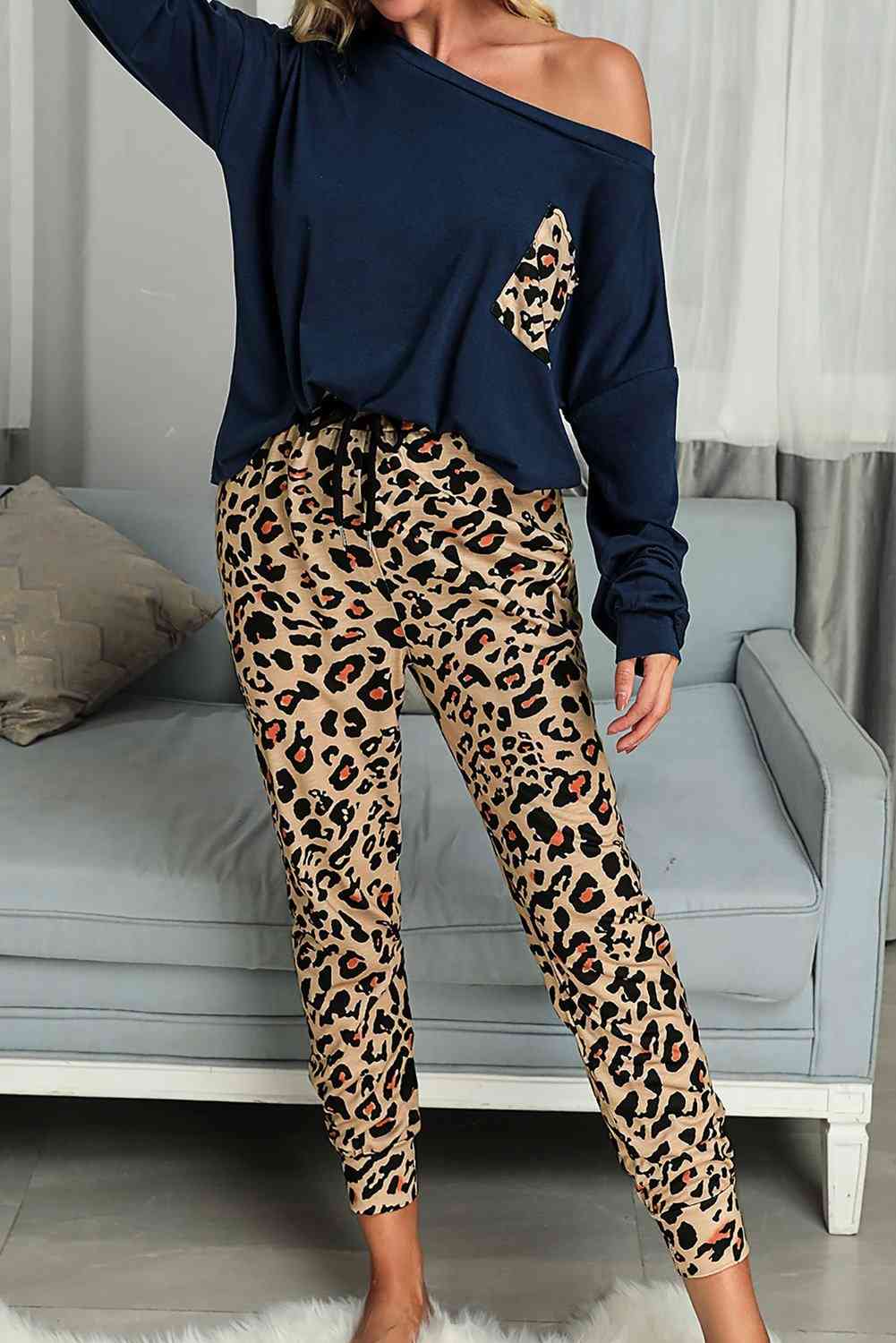 Casual Blue Long Sleeve Top, Leopard Pants - Loungewear Set