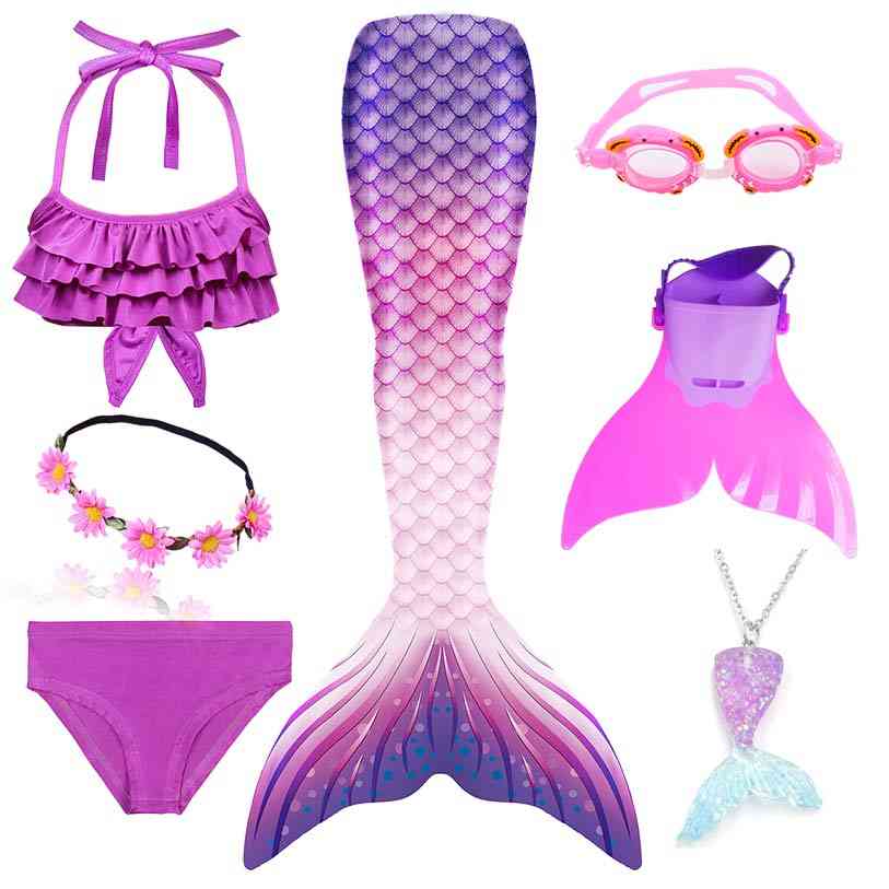 Schwimmbare Meerjungfrau, Schwanzkostüm, Monoflosse Schwimmbrille mit Girlandenanzug Set-1