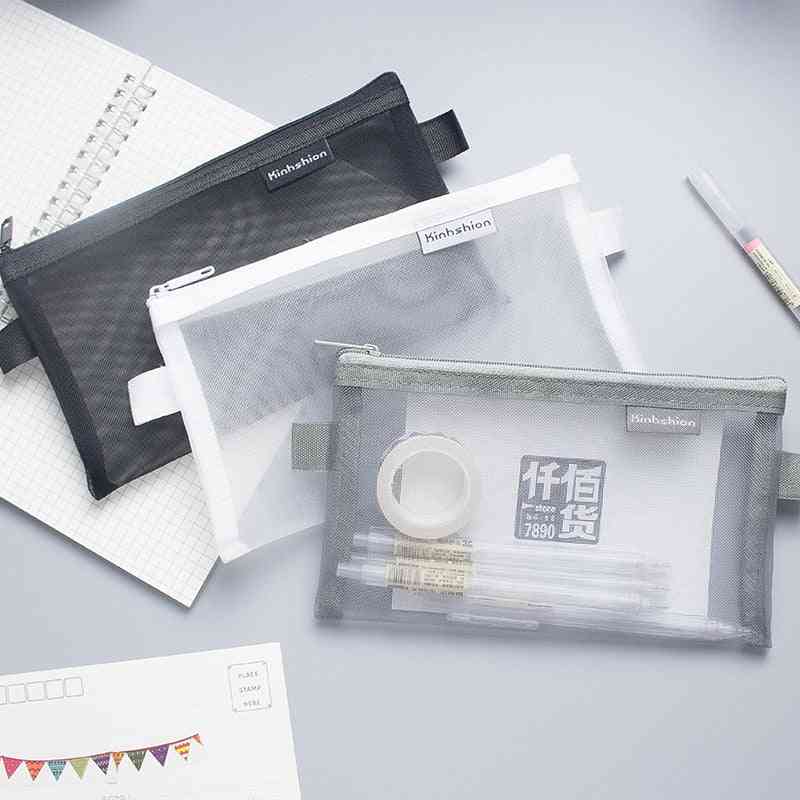 Yksinkertainen läpinäkyvä, verkkokynäkotelo, toimisto, opiskelijanylon, käytännöllinen kynälaatikko