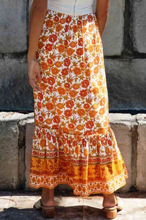 Oranžová kvetinová potlač boho maxi sukne