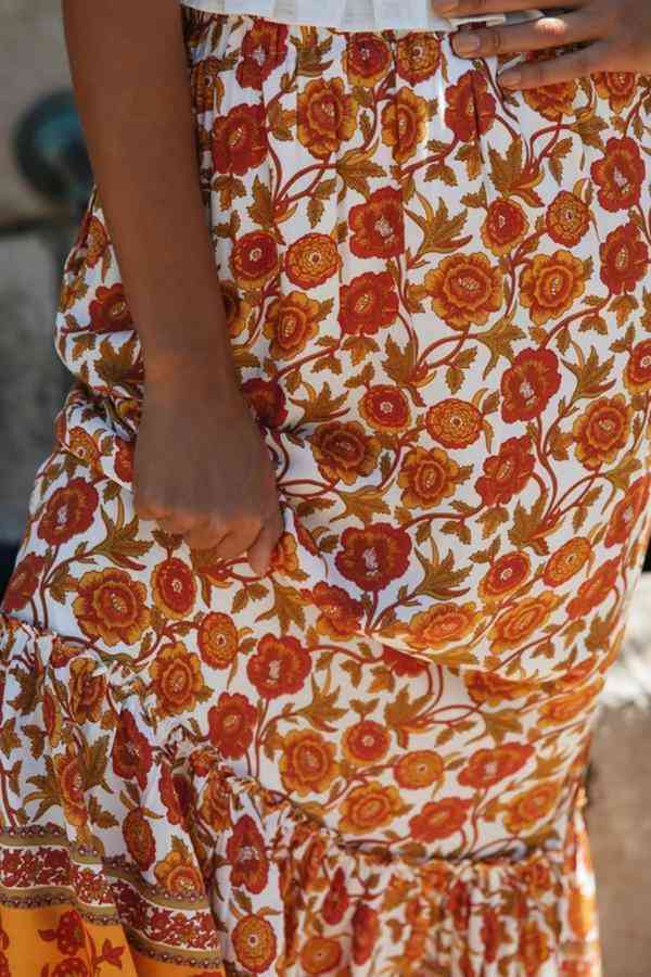 Orange Floral Print Boho Maxi Skirt