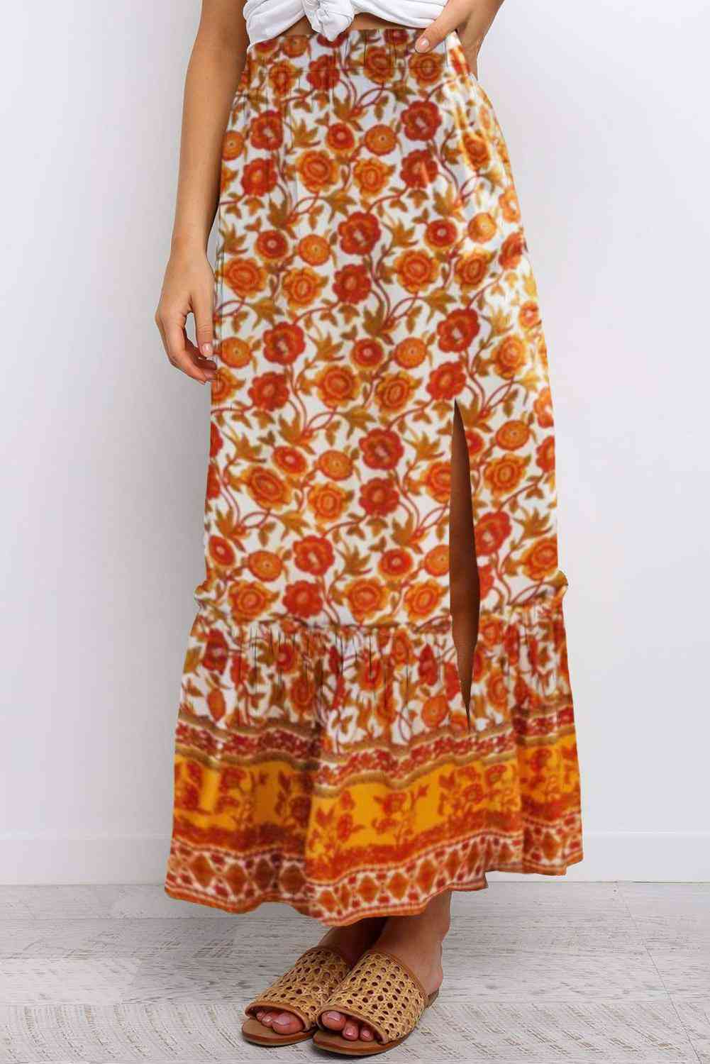 Orange Floral Print Boho Maxi Skirt
