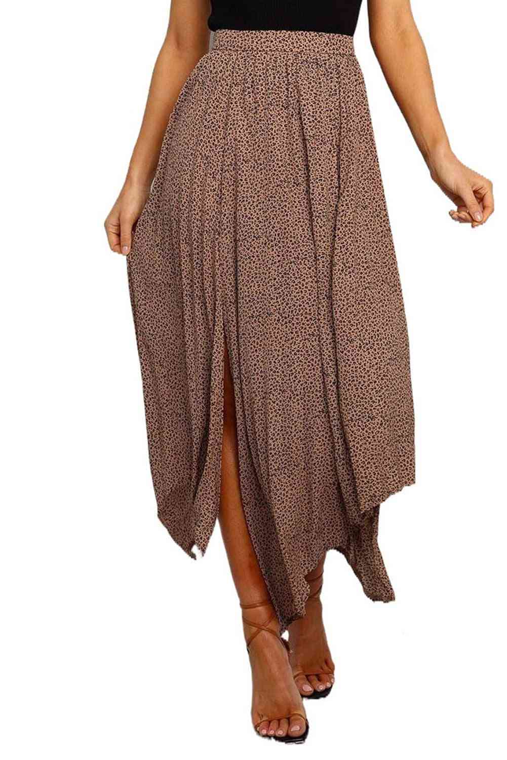 Brown Asymmetrical, Side Slit Pleated Maxi Skirt