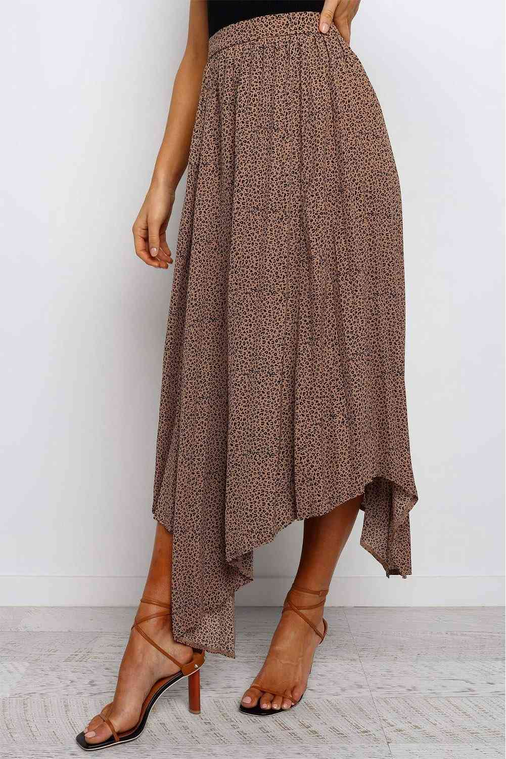 Brown Asymmetrical, Side Slit Pleated Maxi Skirt
