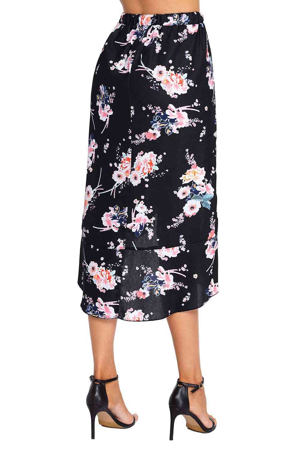 Black Floral Ruffle Wrap Knee-length Skirt