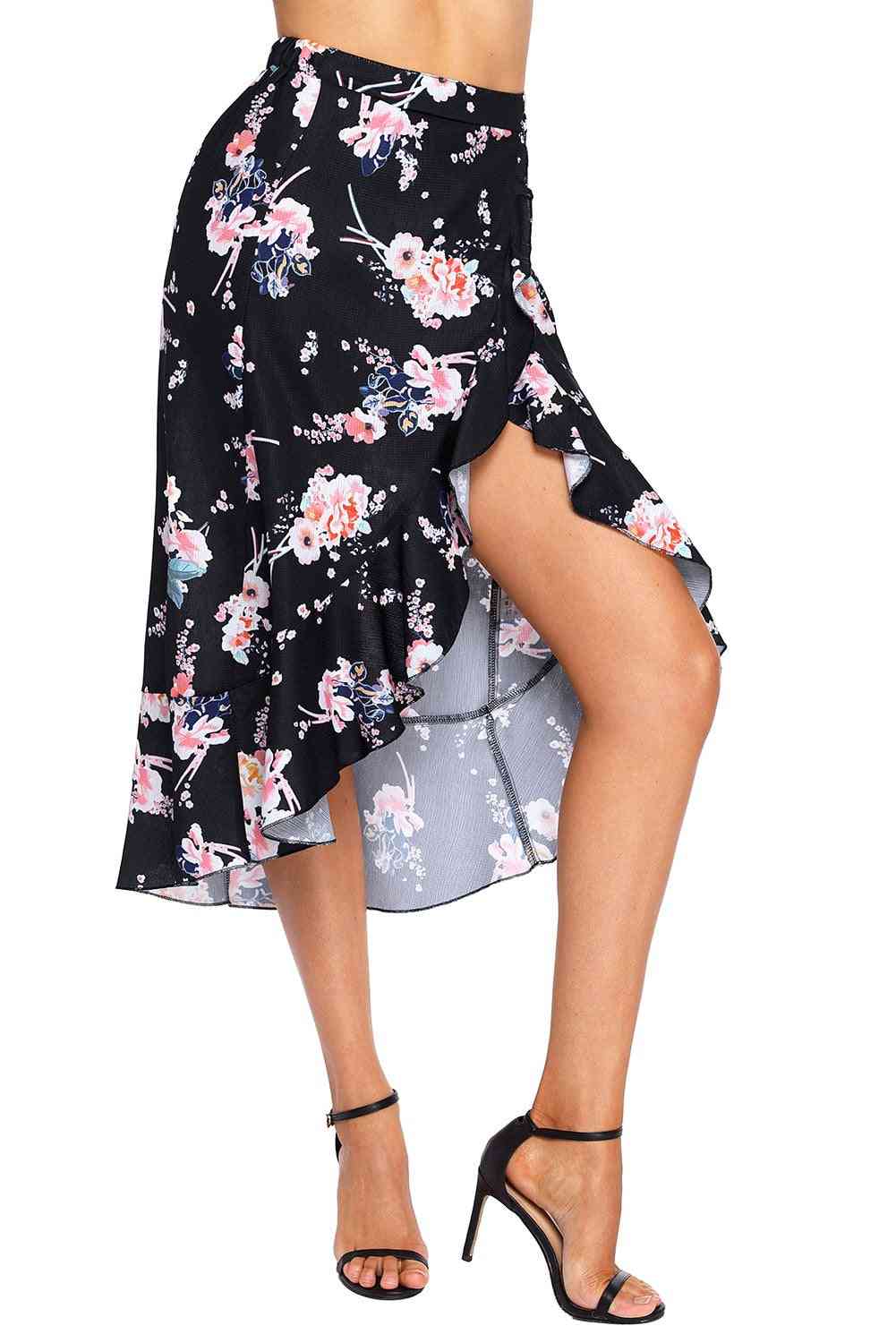 Black Floral Ruffle Wrap Knee-length Skirt