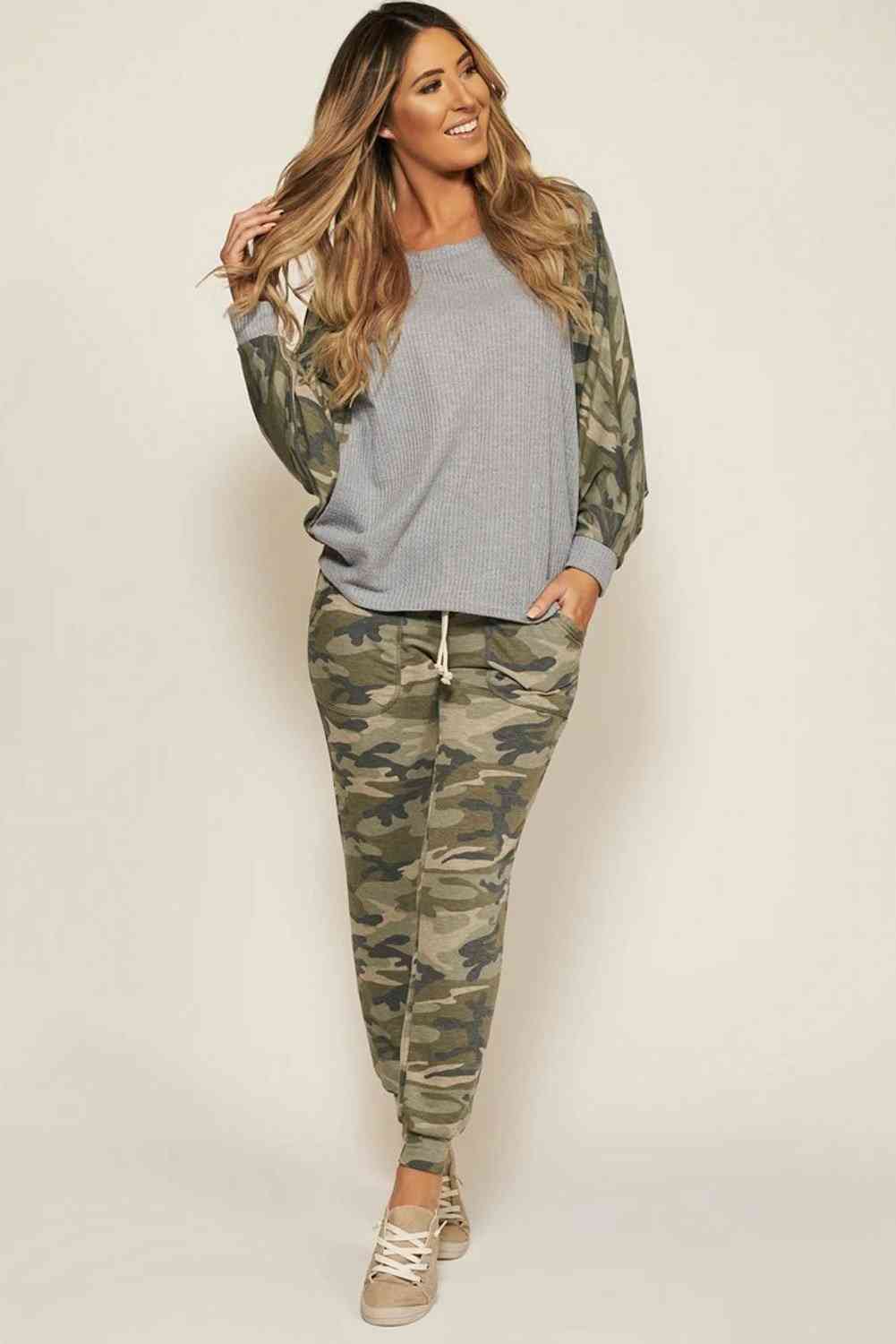 Women Camouflage Disguise Long Sleeve Top And Drawstring Pants Set