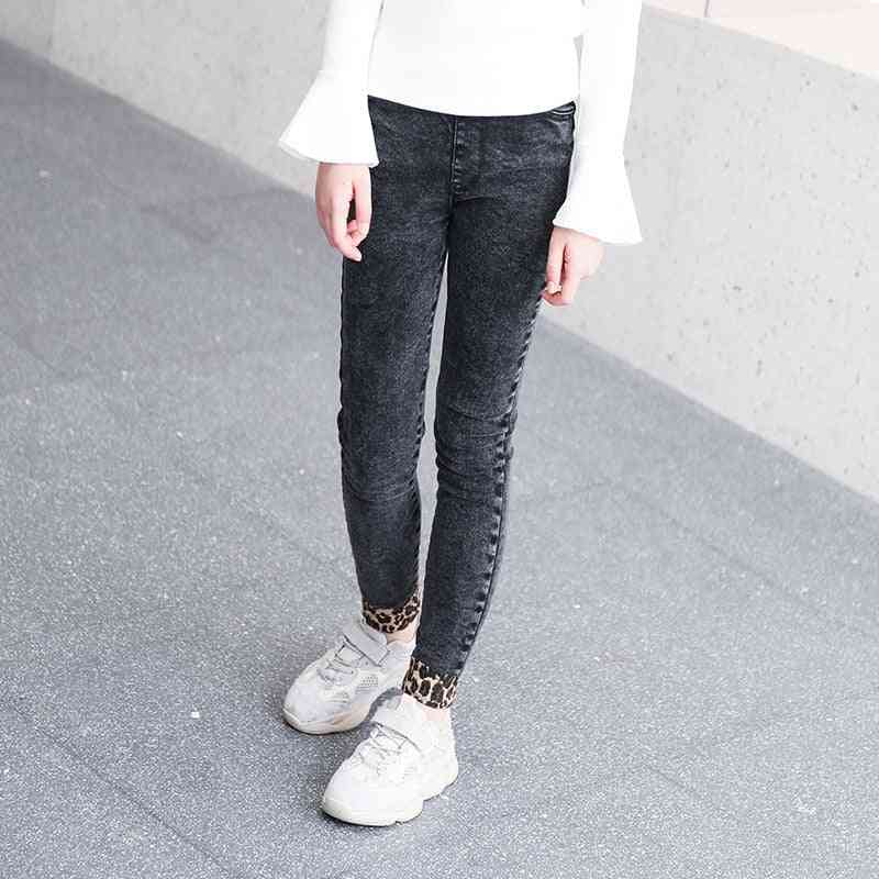 Children Girl Korean Fashion Jeans Leopard Elastic Waist Denim Pants