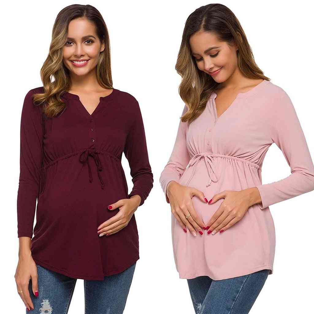 Pregnant Women, Maternity Long Sleeve, Solid Color Nursing Tops T-shirt
