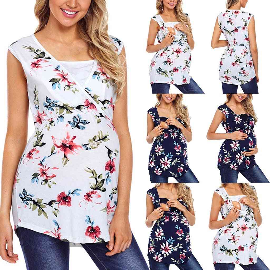 ženske nosečniške majice brez rokavov s cvetličnim potiskom, oblačila bluze za dojenje