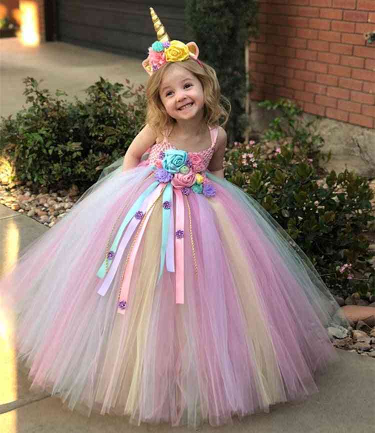 Girls Pastel Unicorn Flower Tutu Dress, Crochet Tulle Strap Ball Gown
