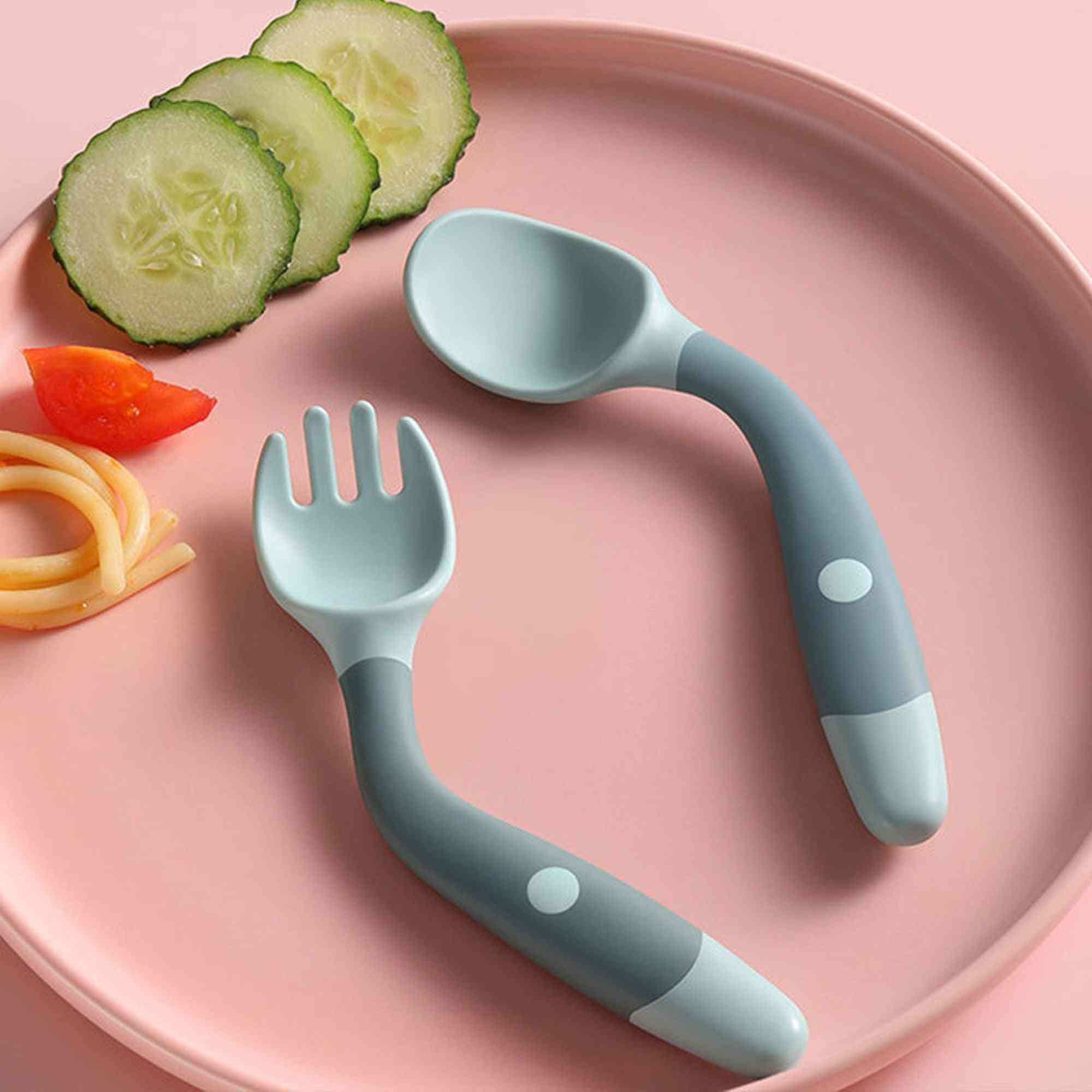 Hjælpemad spise, bøjelig blød gaffel, silikone ske bordservice sæt til baby