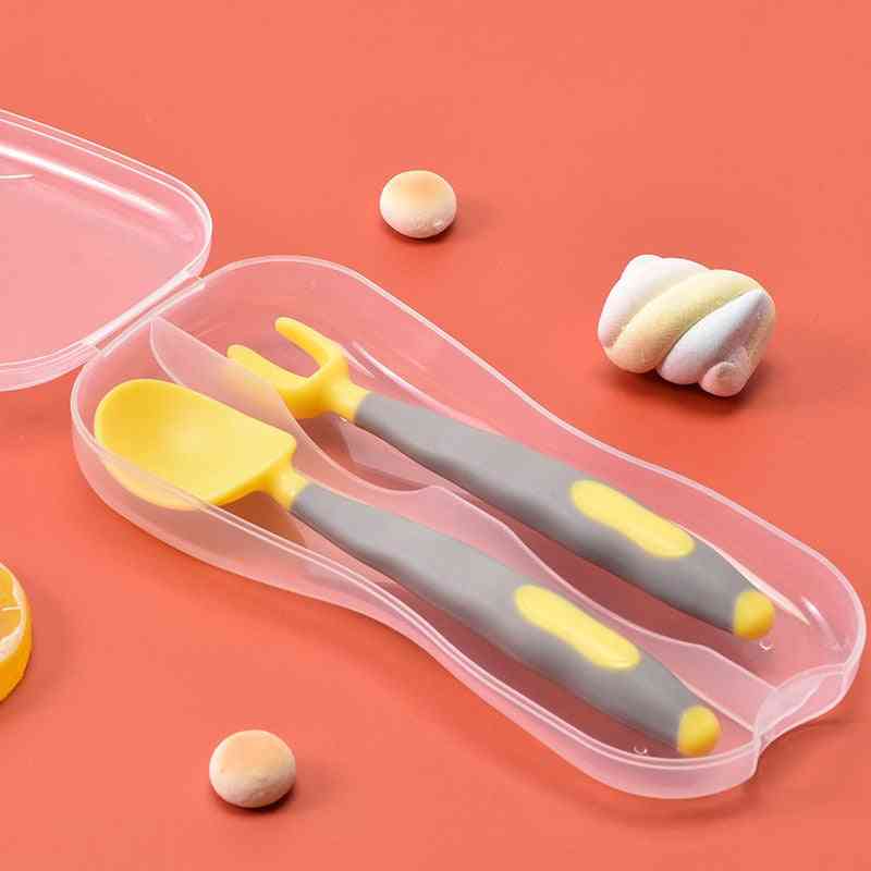 Ensemble de cuillères en silicone pour bébé - fourchette à plier, pratique des fruits alimentaires, ustensiles de vaisselle avec boîte