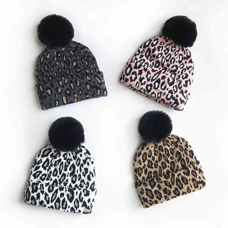 Matching Family Outfits Leopard Hats, Mother Kids Winter Caps
