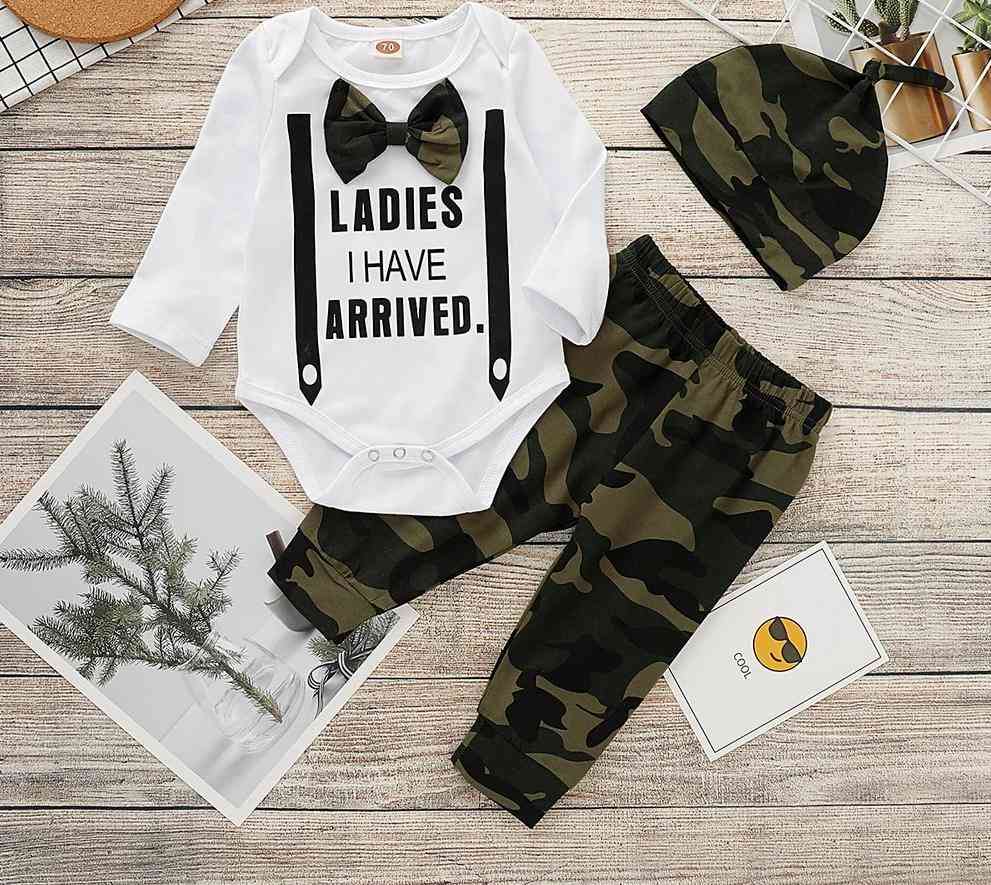 Lovely Bowtie- Cotton Tops & Long Pants, Hat Outfit Bodysuit Set For Baby Boy
