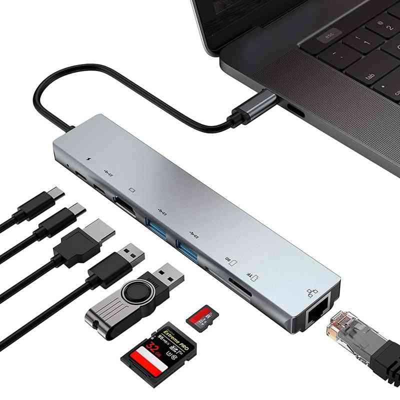 8-in-1 Multiport, Type-c Adapter With 4k Hdmi Ethernet Port, Tf/sd Card Reader
