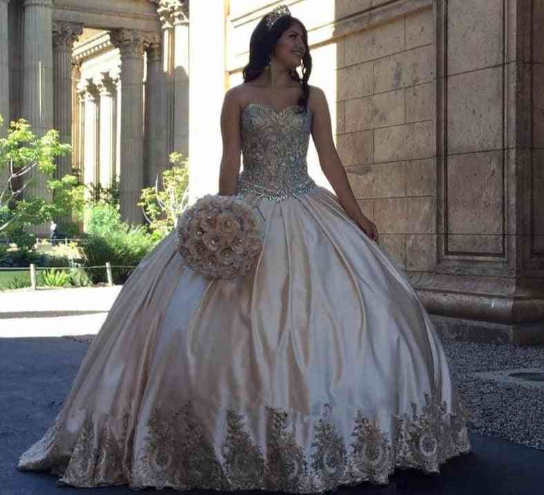 Gold Lace- Ball Gown, Crystals Prom Dress ( Set 2)