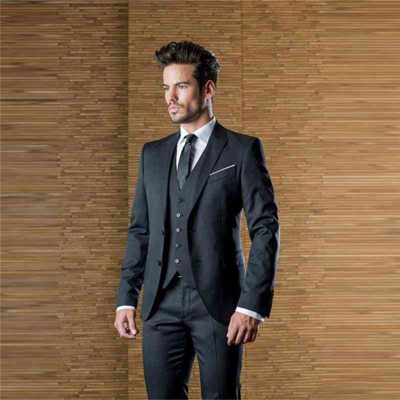 Three Pieces- Charcoal Peaked Lapel, Slim-fit Grooms, Tuxedo Suits ( Set 1)