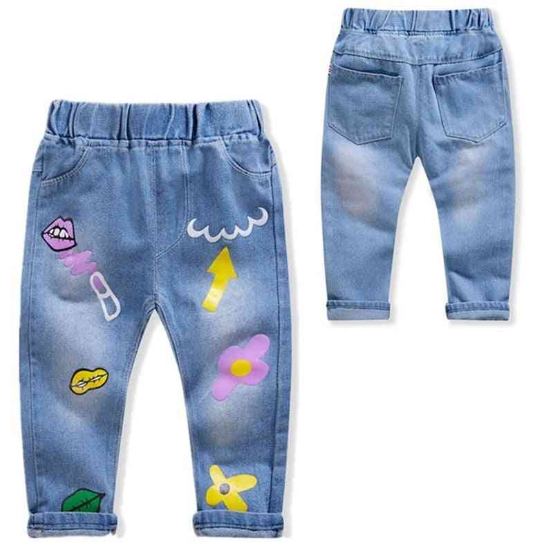 Girls Autumn Print Pattern Trousers, Cartoon Ripped Jeans