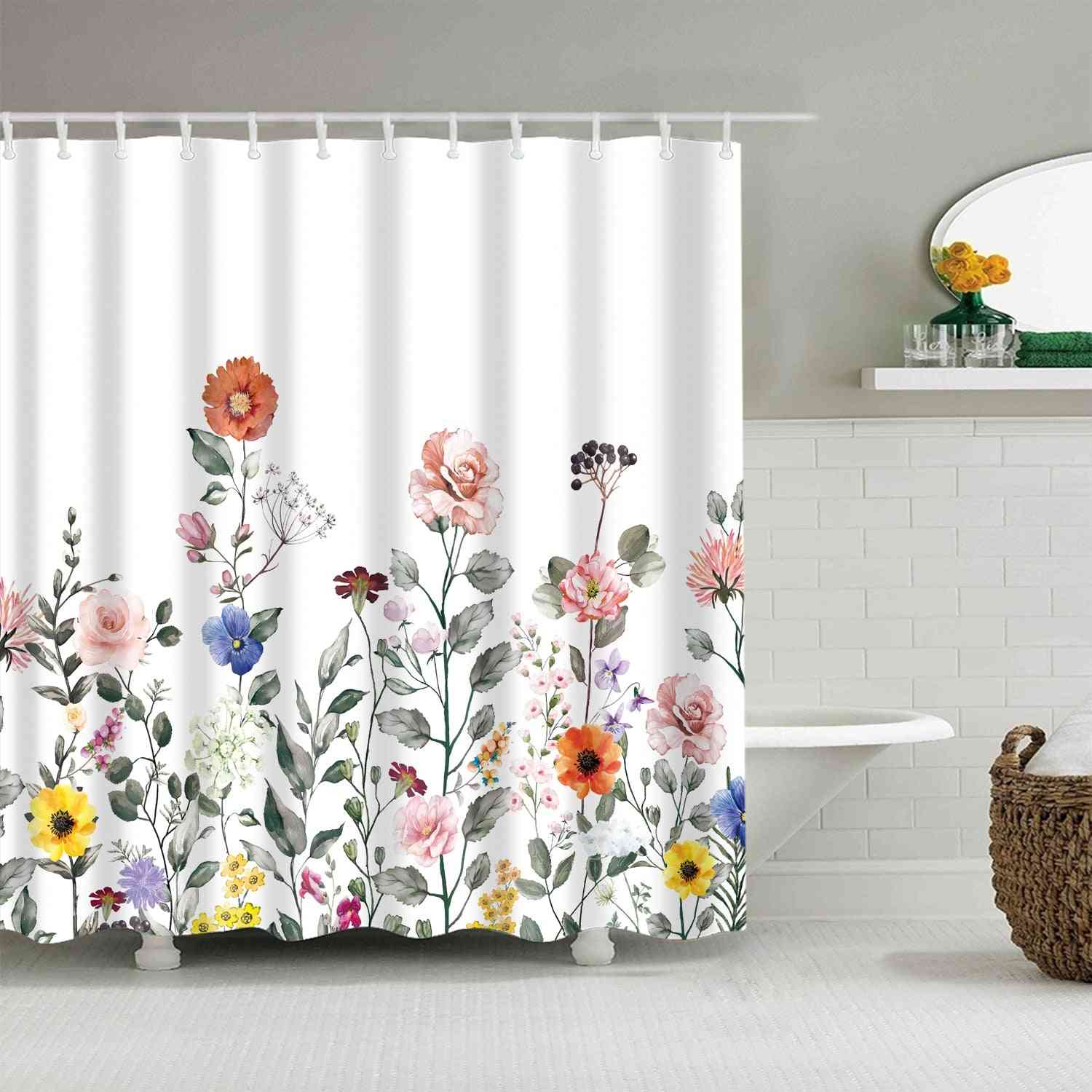 Blommaskros, duschtyg polyester, badrumsgardiner med krokar (set 2)