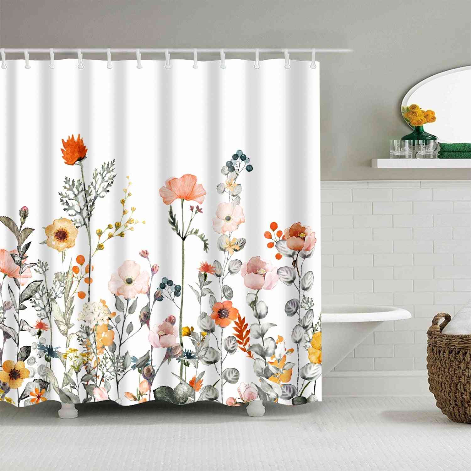 Blommaskros, duschtyg polyester, badrumsgardiner med krokar (set 2)