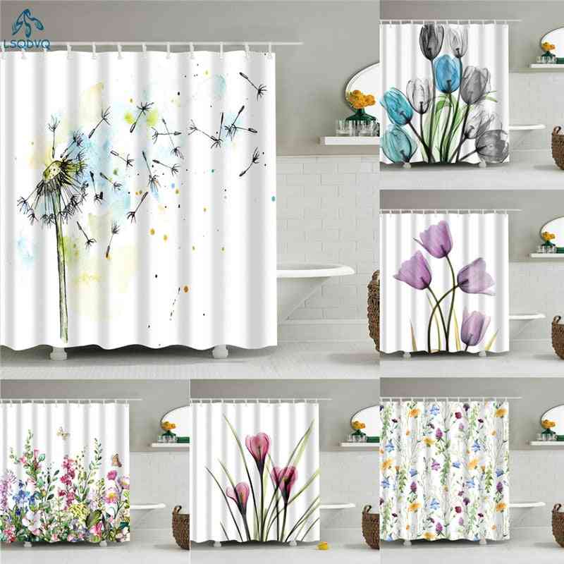 Flower Dandelion, Shower Fabric Polyester, Bathroom Curtains With Hooks ( Set 5)