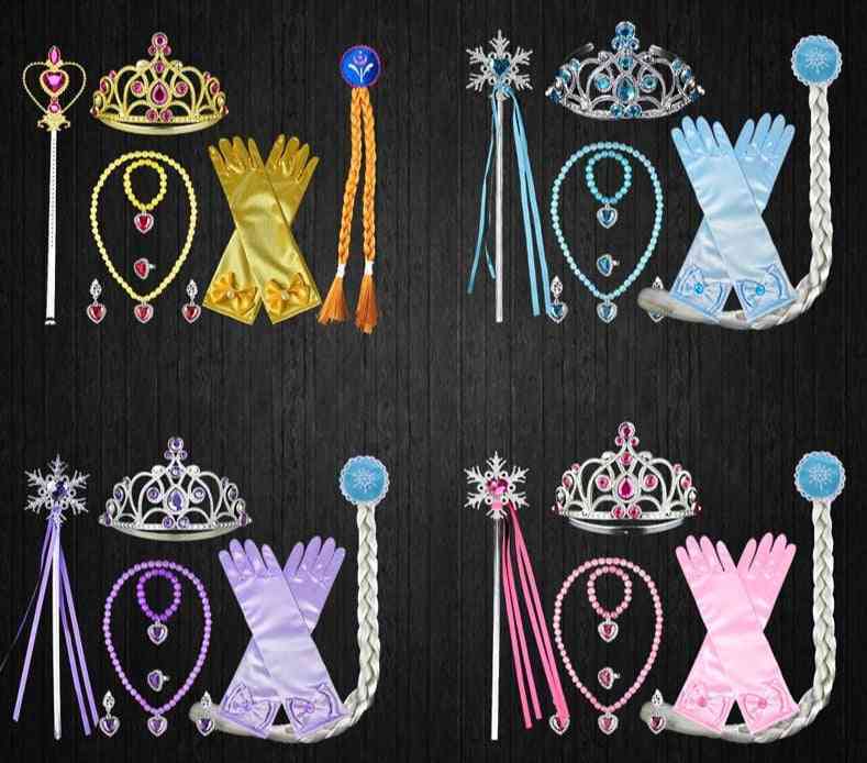 Halloween Elsa Anna Rapunzel Princess Accessories Set - Crown, Magic Wand, Necklace, Gloves