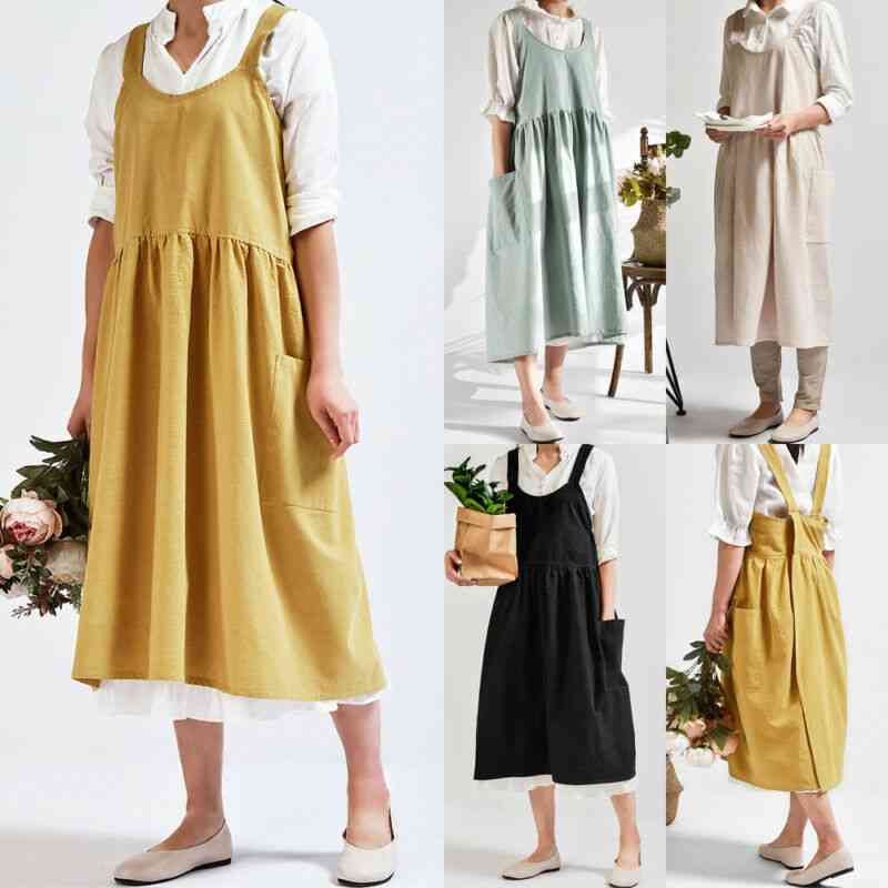 Women Cotton Linen Cross Apron Housework Dress