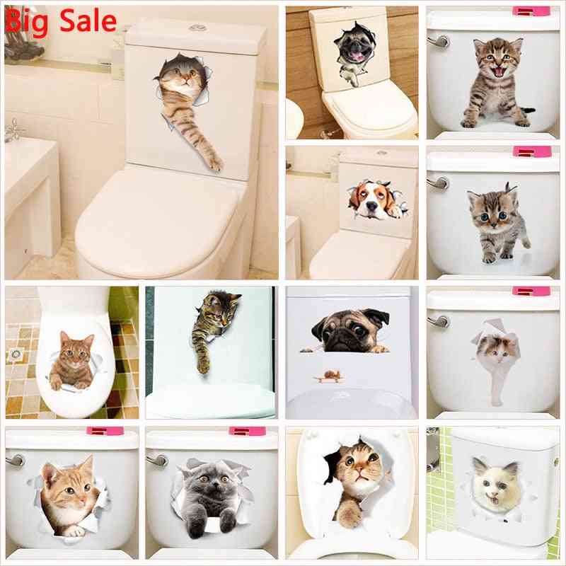 3d Broken Hole Cat Dog Animal Print Toilet Stickers Home Decoration