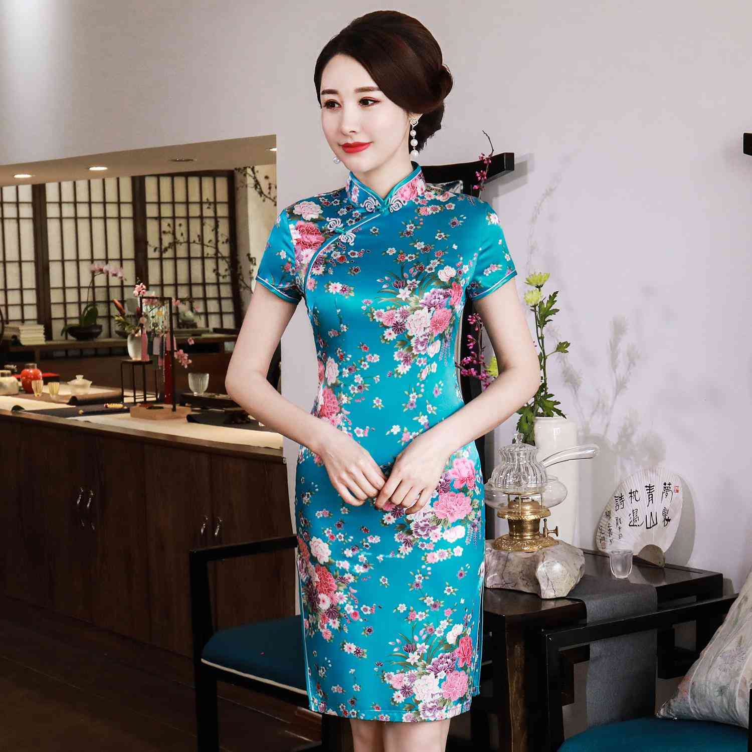Flower Print Women Short Split Traditional Dress Plus Size Rayon Set-7