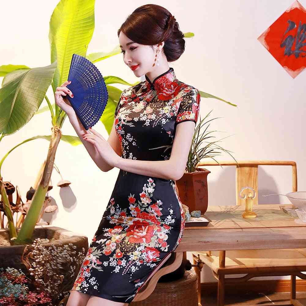 Flower Print Women Short Split Traditional Dress Plus Size Rayon Set-5