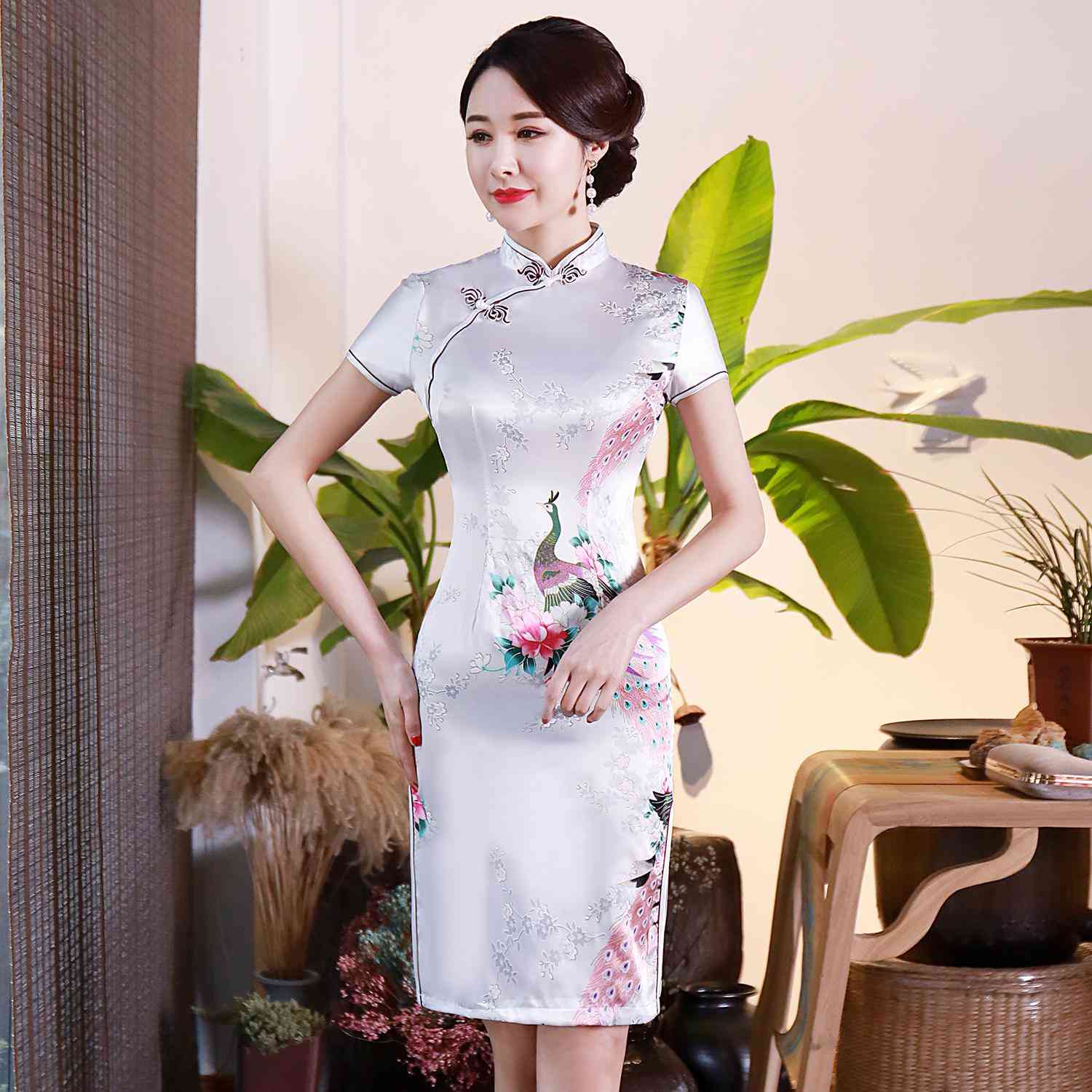 Flower Print Women Short Split Traditional Dress Plus Size Rayon Set-3