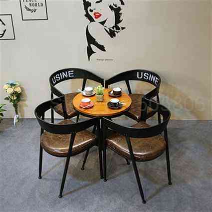 Iron Dining Chair, Industrial Wind Milk Tea Dessert Baking Shop Cafe Solid Wood Round Table And Chairs Combination